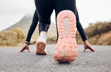 Image showing Feet, person and running fitness for workout, training and exercise with sport and active in nature. Athlete sprint and road by a mountain outdoor ready to start a run for health and wellness.