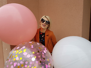 Image showing Young fashion happy blonde woman with baloons ,fashion photo, instagram filter