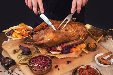 Image showing Roasted goose with herbs berries and vegetables