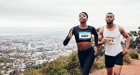 Image showing Marathon couple, mountain race and fitness with workout and training together for a running. Runner, young people and road on a exercise challenge outdoor with sport cardio performance in nature