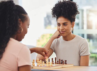 Image showing Chess, game and women with board for thinking strategy and challenge friends in living room. Competition, planning and female people with chessboard playing for winning, checkmate and problem solving