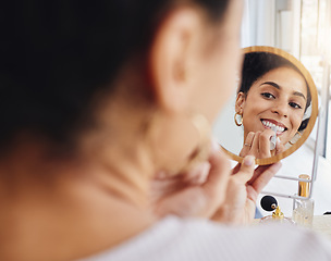 Image showing Woman, lipstick and mirror at home with a smile from makeup and cosmetics. Young female person, face and morning routine feeling happy with beauty and skincare in house with wellness and cosmetology