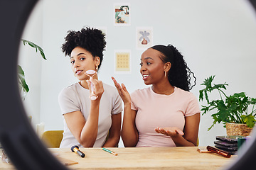 Image showing Skincare, friends and portrait with ring light for social media, makeup tutorial. Young people, women and facial roller with internet app and happy from influencer and cosmetics vlog at home