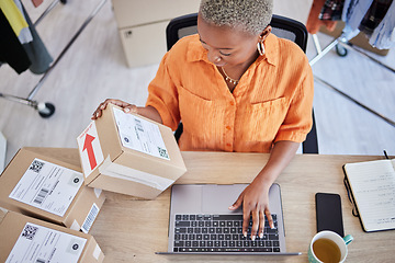 Image showing Laptop, logistics or black woman with box for shipping, delivery or package in ecommerce online. Typing, above or business owner with product label or store order for cargo service or sticker sign