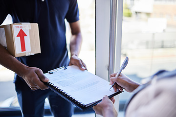 Image showing Online shopping, woman sign paperwork and package box with delivery man at front door. Ecommerce or distribution, supply chain or logistics and female person receive parcel with clipboard documents