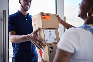 Image showing Ecommerce, delivery man with package boxes and woman at her front door for logistics. Distribution or online shopping, courier supply chain or shipping and happy man with cardboard parcel packaging