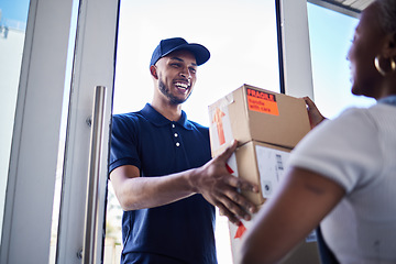 Image showing Ecommerce, happy delivery man with box and woman at her front door. Online shopping or logistics, supply chain or distribution and African female person receive her cardboard parcel with smile