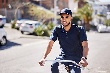 Image showing Bicycle, delivery and city, man in street with smile and carbon neutral transport service with backpack. Happiness, eco friendly urban distribution and bike courier on road for sustainable logistics.