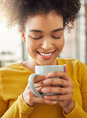 Image showing African woman, coffee cup and smile in home, scent and energy to start morning in apartment. Girl, happy and drink to relax with cocoa, matcha and espresso with fragrance, thinking and mug in house