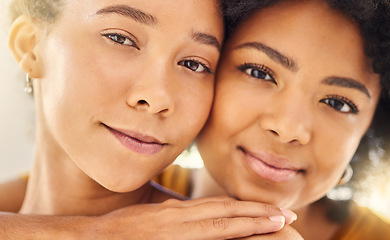 Image showing Love, portrait of lesbian couple and happy for positive connection or trust. Care or support, pride friendship or happiness and closeup face of cheerful women together for lgbtq or bonding time