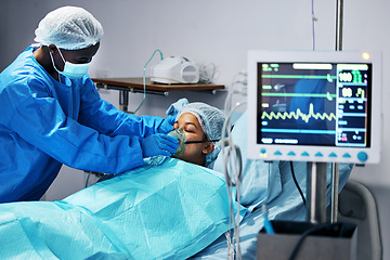 Image showing Healthcare, doctor and patient in mask for oxygen in surgery, emergency care and hospital bed. Breathing, monitor and air, surgeon helping person in operation, digital graphs to check medical results