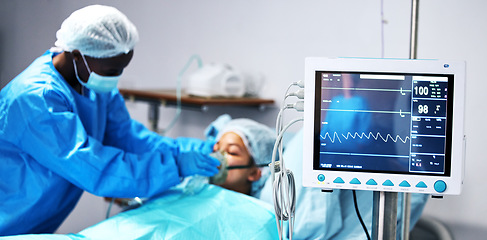 Image showing Healthcare, doctor and patient in oxygen mask with monitor for surgery, emergency care and hospital. Breathing, screen and surgeon helping person in operation, digital graphs to check medical results