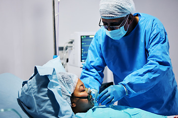 Image showing Healthcare, doctor and patient with oxygen in emergency surgery, professional care and hospital bed. Breathing, help and air, surgeon with person in operation, mask to check health in medical results