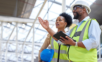 Image showing Construction team, tablet and inspection planning from engineer staff at job site. Collaboration, architect worker and communication together with building and industrial project with conversation