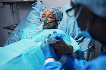 Image showing Hope, doctor and patient holding hands after surgery, emergency care and empathy, woman in hospital. Breathing, support and trust, surgeon with helping hand in operation, kindness and medical results