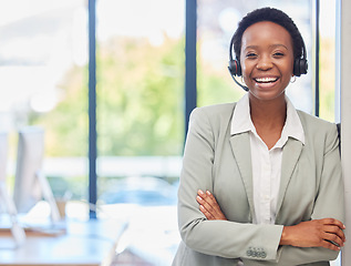 Image showing Happy black woman, call center and portrait with arms crossed for customer service, telecom and consultant in CRM office. Female agent smile for sales consulting, telemarketing and pride for support