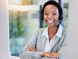 Image showing Black woman, smile or desk in call center for customer support, contact and advice at computer. Happy person and agent at telemarketing company for sales consulting or professional telecom service