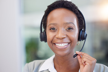 Image showing Black woman, telemarketing and smile for communication, customer support or contact in call center for CRM questions. Face, happy receptionist and agent for sales consulting, telecom or advisory help