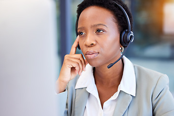Image showing Call center, stress and black woman frustrated by faq, customer service or internet delay in office. Contact us, face and annoyed African lady consultant with 404, glitch or problem while consulting