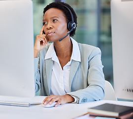 Image showing Stress, call center and black woman frustrated by faq, customer service or internet delay in office. Contact us, face and annoyed African lady consultant with 404, glitch or problem while consulting