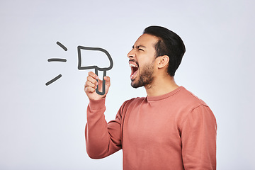 Image showing Megaphone, speech and angry asian man in studio screaming for protest, change or justice on grey background. Bullhorn, noise and frustrated male speaker with announcement, vote or transformation news