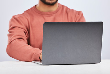 Image showing Laptop space, IT and closeup of man in studio, white background or programming digital code. Model, software developer and back of screen with computer engineer, technology and coding date on website