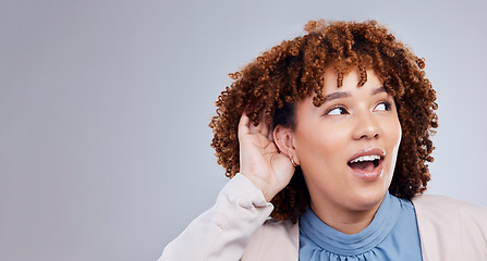 Image showing Space, rumor and listen with face of woman in studio for information, gossip and whisper. News, announcement and banner with female person on grey background for secret, curious and attention