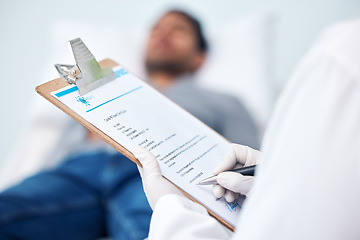 Image showing Clipboard, hands and doctor with medical report for a patient on a hospital or clinic bed for healthcare treatment. Diagnosis, prescription and medicine employee or worker writing exam for insurance