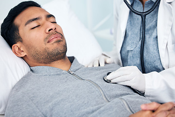 Image showing Man, doctor and cardiology hands with stethoscope and professional at a hospital for health. Wellness, consultation and patient at a heart clinic for expert advice and beat hearing for healthcare