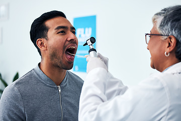 Image showing Medical, consulting and doctor with person and throat in hospital for cancer, dentist and surgery. Medicine, healthcare and check up with woman and patient in clinic for wellness, virus and oral exam