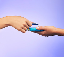 Image showing Card machine, shopping and people hands at POS, online payment and digital service or paperless fintech. Retail, credit and cashier, customer or person at point of sale on studio or purple background