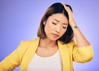 Image showing Anxiety, thinking and woman with stress in crisis, accident or mistake in business, startup or fail in professional career. Frustrated, face and sad Asian businesswoman with hand, decision or choice