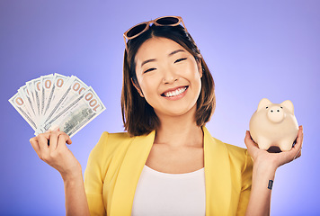 Image showing Piggy bank, portrait and woman with money savings, financial investment and profit, increase or budget success. Asian person with banking notes, cash and safe or container on studio purple background