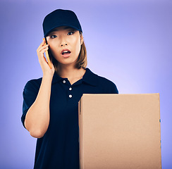 Image showing Asian woman, phone call and box for delivery, courier service or logistics against a purple studio background. Portrait of female person talking on mobile smartphone with package, parcel or order