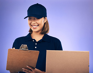 Image showing Woman sign paperwork, clipboard and delivery with box, shipping invoice and ecommerce on purple background. Supply chain, female worker with checklist and signature, package and courier service