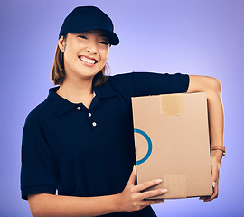 Image showing Delivery, box and woman, shipping and portrait, smile with e commerce and supply chain on purple background. Female employee, logistics and supplier with cardboard package, courier service and export