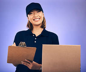 Image showing Woman sign document, clipboard and delivery box, shipping invoice and e commerce on purple background. Supply chain, female worker in portrait, checklist and signature, package and courier service