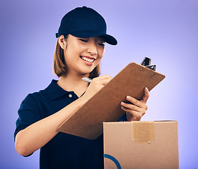 Image showing Delivery, box and woman, shipping and clipboard, signature with invoice and supply chain isolated on purple background. Female worker, checklist and sign, supplier with package and courier service