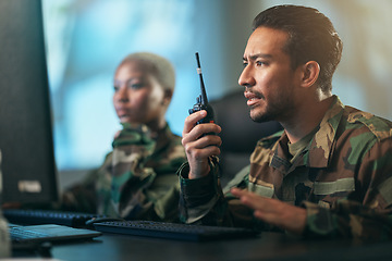 Image showing Walkie talkie, communication and military team at the station with computer giving directions. Technology, collaboration and soldiers in army room or subdivision with radio devices for war contact.