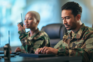 Image showing Walkie talkie, working and army team at the station with computer giving directions. Technology, collaboration and soldiers in military room or subdivision with radio devices for war communication.