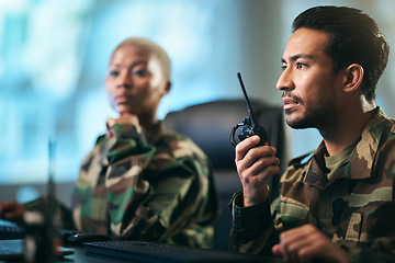 Image showing Walkie talkie, army and military team at the station with computer giving directions. Technology, collaboration and soldiers in control room or subdivision with radio devices for war contact.