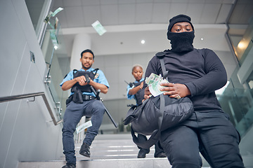 Image showing Robbery, bank and police running after criminal for justice, punishment and safety, serious and danger. Crime, corruption and man robber with stolen money chase for security, law or financial loss
