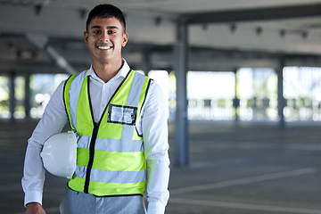 Image showing Architect portrait, confident construction worker or happy man for real estate development, project or career job. Civil engineering, property inspector and person with pride, PPE and ready for work