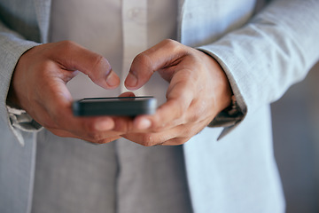 Image showing Business man, hands and typing with a phone for communication, email or social network. Closeup of male entrepreneur with a smartphone for message, research or media search with internet connection