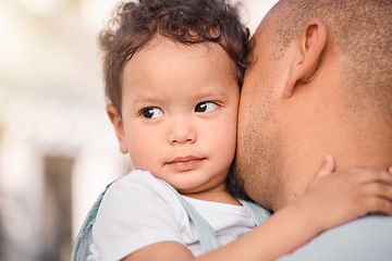 Image showing Love, dad and child hug, family bonding with support and trust in safety of parents embrace. Security, future hope and father holding baby outside, hugging and spending safe quality time together.