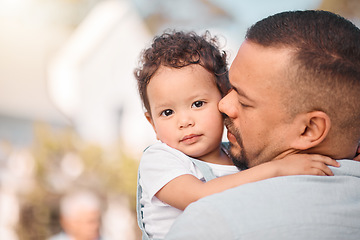 Image showing Love, dad and portrait of child hugging, family bonding mockup with support and trust in safety of parents embrace. Security, future hope and father with baby, hug and spending quality time together.