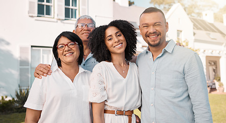 Image showing Portrait, love and a family in the garden of a home together during a visit in summer for bonding. Smile, parents and retirement with a group of happy people standing in the backyard of a house