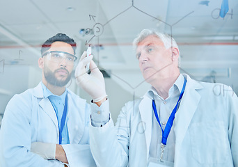 Image showing Board, writing and science people collaboration on chemistry equation, algorithm or brainstorming solution. Planning chemist, thinking scientist or senior team leader working with partner on research