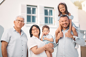 Image showing Happy, smile and portrait of big family at new house for love, support and generations. Happiness, relax and grandparents with children and father at home together for free time, care or affectionate