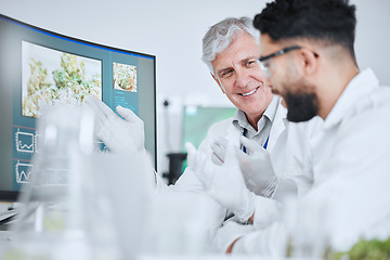 Image showing Plant analysis, talking and men with a computer for ecology science, research and innovation. Smile, team and scientists working on healthcare study of agriculture on tech together with advice